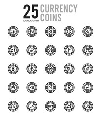 25 Currency Coins Outline icons Pack vector illustration. - obrazy, fototapety, plakaty
