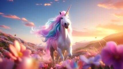 Obraz na płótnie Canvas A magnificent, sparkling unicorn in a lush mountain clearing. Beautifully captured this photorealistic image exudes naturalism, featuring cinematic composition and lighting. Generative AI 