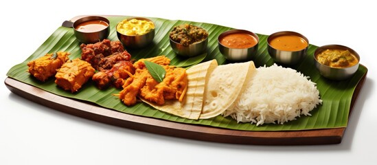 South Indian cuisine served on banana leaf With copyspace for text