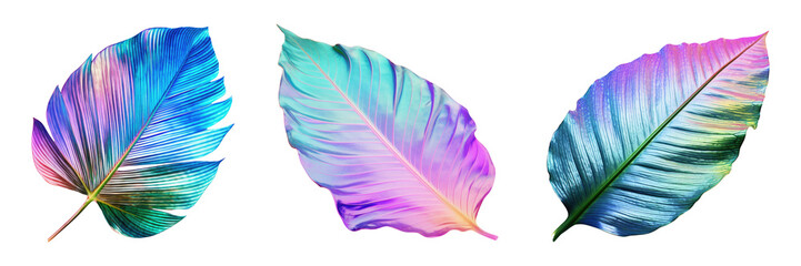 Set of hologram tropical leaves isolated on the transparent background.