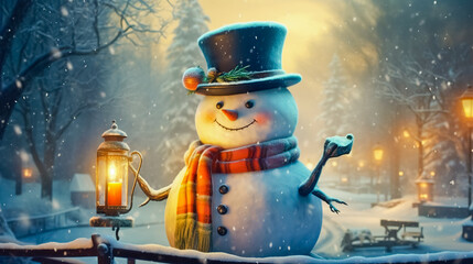 Christmas card with snowman with a top hat and a carrot nose. - obrazy, fototapety, plakaty