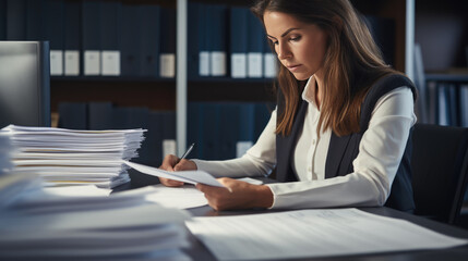 Businesswoman hands working in Stacks of paper files for searching information on work desk in office, business report papers. - obrazy, fototapety, plakaty