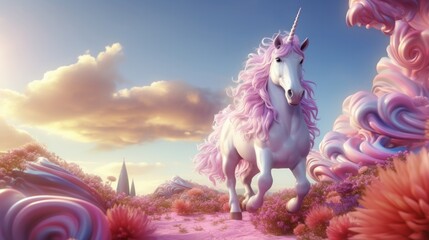A magnificent, sparkling unicorn in a lush mountain clearing. Beautifully captured this photorealistic image exudes naturalism, featuring cinematic composition and lighting. Generative AI 
