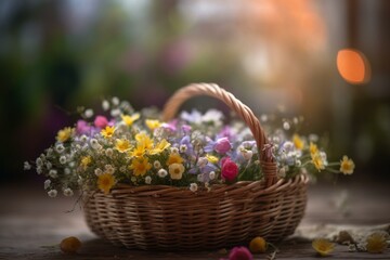 Fototapeta na wymiar Spring flowers in a basket surrounded by soft bokeh background. Generative AI