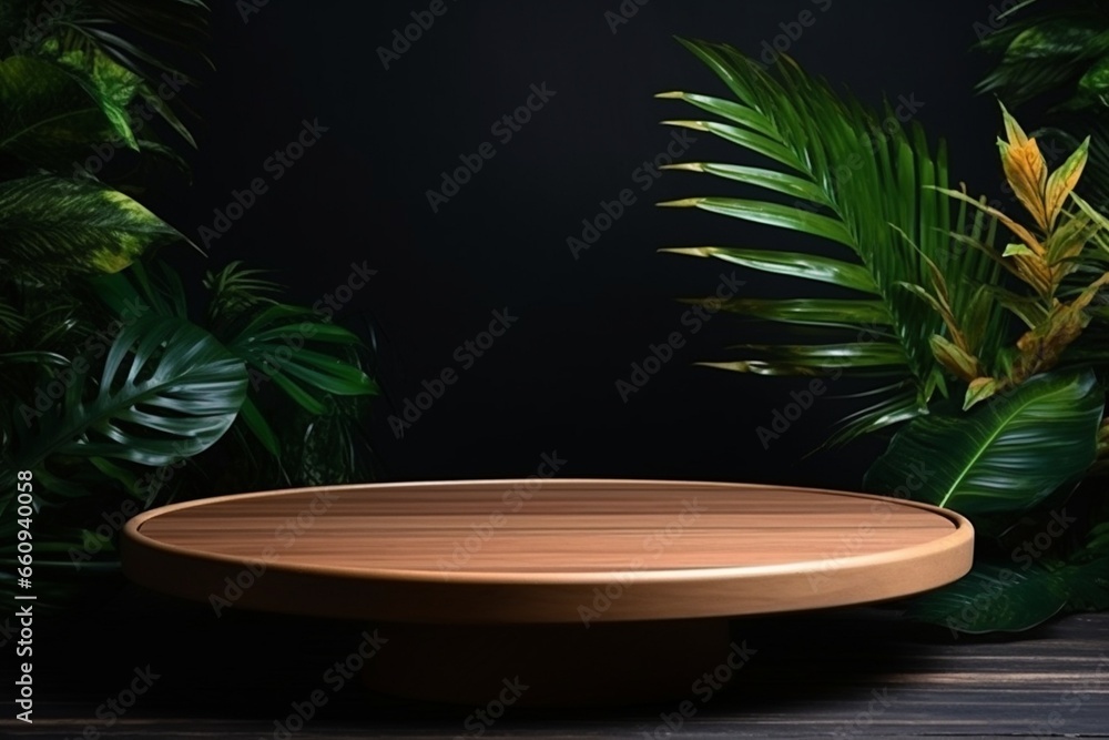 Wall mural Tropical Elegance: Empty Round Wooden Table with Tropical Leaves on Dark Background