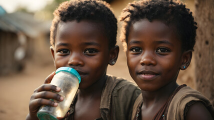 Two happy rural kids drinking water from a bottle. Generative AI.
