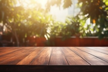 Naklejka na ściany i meble Outdoor Serenity: Empty Brown Wooden Table in Sunlight with Blurry Garden Background