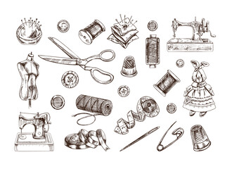 Vintage set of hand drawn sewing icons. Vector illustrations in sketch style. Handmade, sewing equipment concept in vintage doodle style. Engraving style. - obrazy, fototapety, plakaty