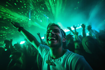 Party man dance in techno club spotlight. Happy man with hands up raving in night club laser lights show. Trance music with green neon background