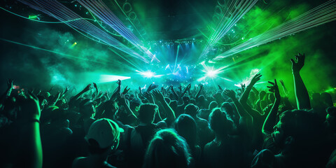 People dance in club spotlight laser lights with hands up in cinematic photography style. People...