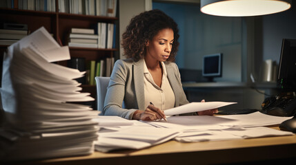 Businesswoman hands working in Stacks of paper files for searching information on work desk in office, business report papers.
