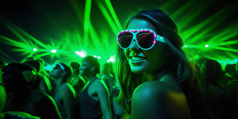 Girl in club spotlight in sunglasses. Girl in night club laser lights in cinematic photography style