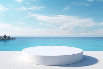 Fototapeta na wymiar Beachside Serenity: Empty White Round Podium with Sea and Blue Sky Background