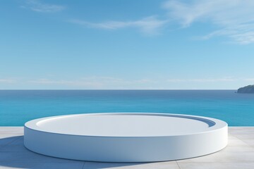 Beachside Serenity: Empty White Round Podium with Sea and Blue Sky Background