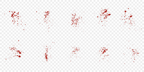 Blood Spatter Set. Red Drip Splatter. Grunge Splash Collection. Splat Pattern on Transparent Background, Paint Ink Stain Texture. Abstract Design, Messy Bloodstain. Isolated Vector Illustration