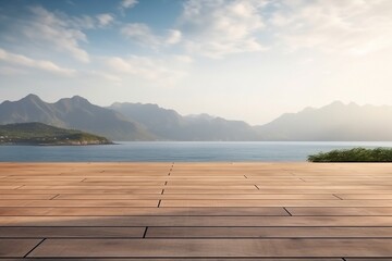 Empty Wooden Floor for Product Display with Scenic Sea and Mountain Background
