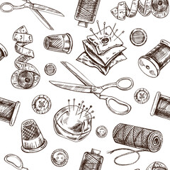 Seamless pattern of hand drawn sewing elements. Vector illustrations in sketch style. Handmade, sewing equipment concept in vintage doodle style. Engraving style. - obrazy, fototapety, plakaty