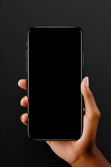 Black hand holding, smartphone mockup, simple backgrounds.