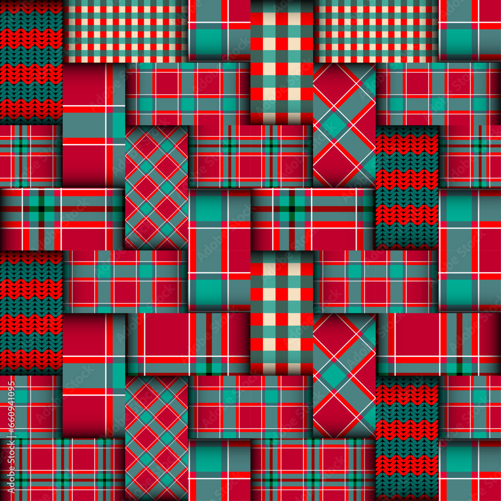 Poster Patchwork textile pattern. Seamless quilting design background. Merry Christmas cozy pattern.