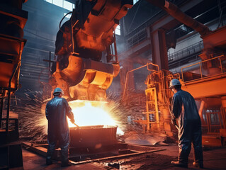 a group of workers in a metal component production factory in a foundry using hot fire