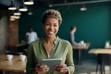 Half-length portrait of a cheerful African businesswoman in casual wear holding a mobile phone, smiling black woman 40-50 years old, satisfied with office work using smartphone
