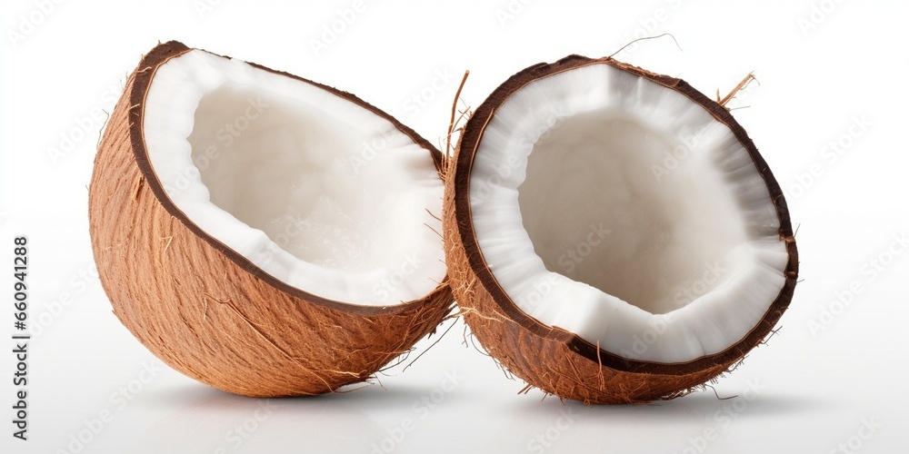 Poster coconut fruit with cut in half isolated on white background. clipping path. : generative ai