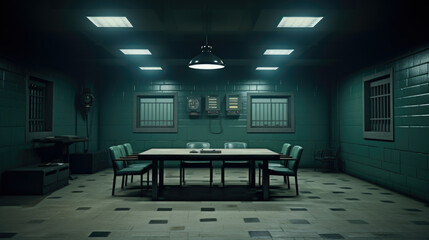 An empty Table and chair with in interrogation room, Investigation room concept