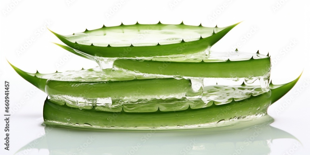 Poster stack of aloe vera sliced with gel dripping isolated on white background. : generative ai