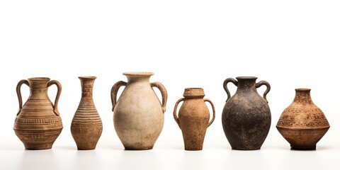 Antique ceramic decorative amphora on a white background. Clay jugs and a pot, a set of ancient utensils for drinking wine, water or milk. : Generative AI - obrazy, fototapety, plakaty