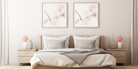 Mockup frame in bedroom interior background, room in light pastel colors : Generative AI - obrazy, fototapety, plakaty