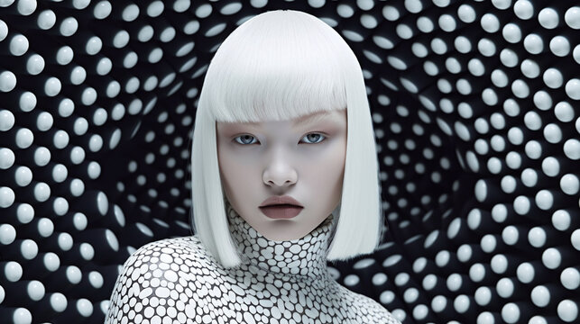 Fashion retro futuristic girl on background with future extravagant or pop art 3D wallpaper. Futuristic retro fashion woman with geometric pattern of balloon balls