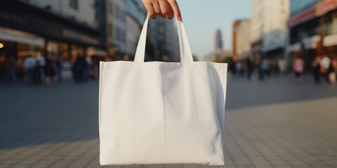 model hold blank white fabric tote bag for save environment on street fashion : Generative AI