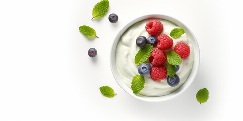 Green bowl of greek yogurt and fresh berries isolated on white background, top view : Generative AI - obrazy, fototapety, plakaty