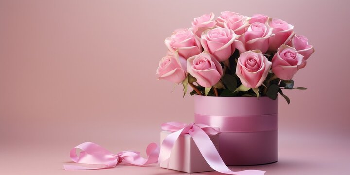 Beautiful bouquet flowers pink roses in vase and gift box with satin bow on pastel pink background table. Birthday, Wedding, Mother's Day, Valentine's day, Women's Day. Front view : Generative AI