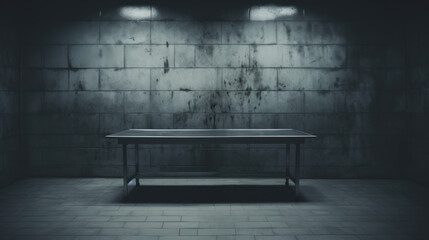 Empty metal bed in autopsy room. The table for dead body. Forensic doctor - obrazy, fototapety, plakaty