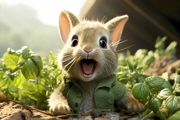 cute small surprised rabbit in green grass - obrazy, fototapety, plakaty