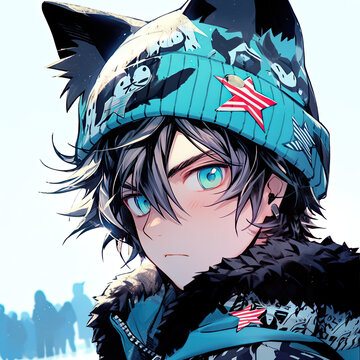 Winter anime cat boy with warm winter beanie toque