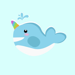 Cute whale with rainbow horns on blue background. Vector illustration.