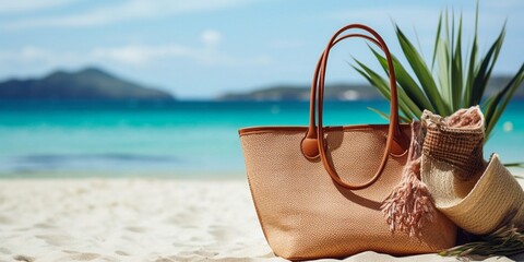 Stylish beach bag with accessories and tropical beach in the background, summer vacations concept : Generative AI