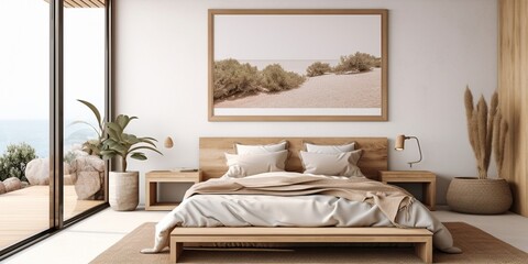 Mockup frame in bedroom interior background, Coastal boho style : Generative AI