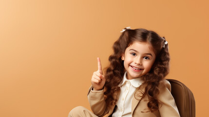 Obraz premium Cheerful happy young small schoolgirl points up with her index finger and standing in front of isolated pale orange background.Created with Generative AI technology.