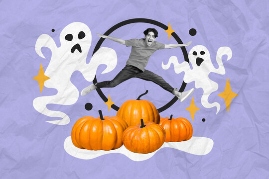 Composite creative abstract photo collage of scared frightened man look at ghosts jumping over pumpkin isolated on painted background