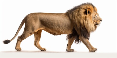 Side view of a Lion walking, looking at the camera, 10 years old, isolated on white : Generative AI