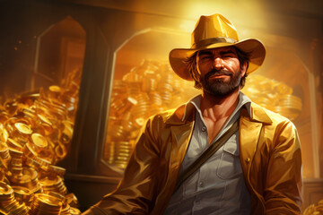 Cowboy sitting in a vault room full of gold riches