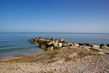 Italy, Marche, Pesaro: Foreshortening of Vallugola Bay.