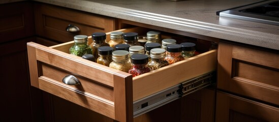 Spice filled drawers beneath wooden panel countertop in a classic kitchen with cherry alder cabinets With copyspace for text