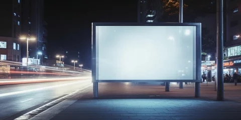 Foto op Aluminium Illuminated blank billboard with copy space for your text message or promotional content, advertising mock up banner on bus stop in night, public information board with blurred vehicle : Generative AI © Generative AI