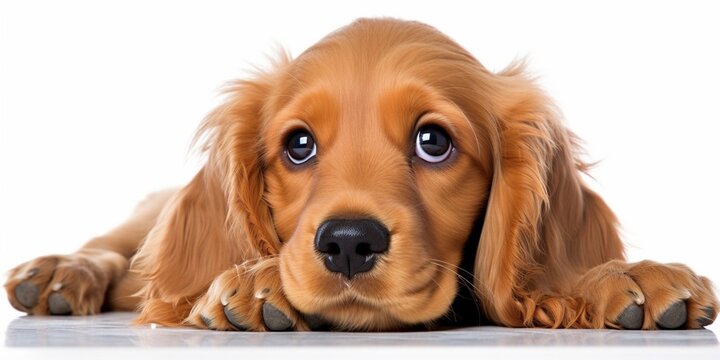 Cocker Spaniel puppy dog laying down and licking his lips isolated against a white background : Generative AI