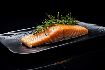 Piece of salmon fillet on black plate and rosemary. Close up. - Powered by Adobe