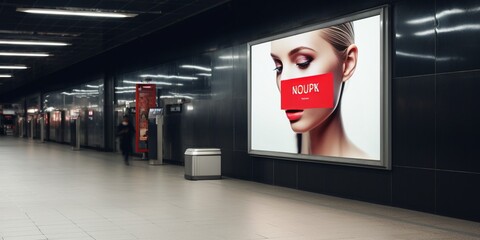 Indoor outdoor city light mall shop template. Blank billboard mock up in a subway station, underground interior. Urban light box inside advertisement metro airport vertical. : Generative AI - obrazy, fototapety, plakaty